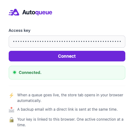 The Autoqueue extension options page: an access key field, a Connect button, and a connected status.